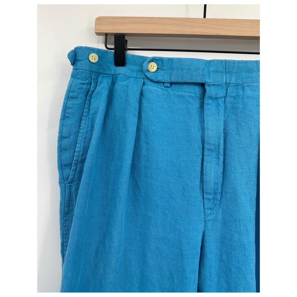 Vintage Polo Ralph Lauren Pants Mens‎ 34 Blue Teal Linen Pleated Made USA Hemmed